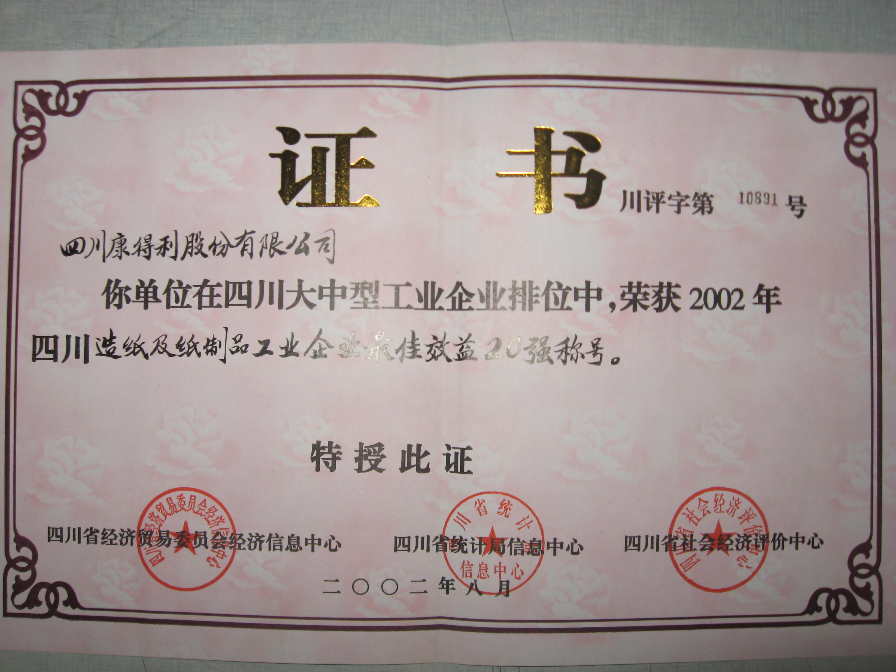 2002四川造紙及紙制品工業(yè)企業(yè)最佳效益20強